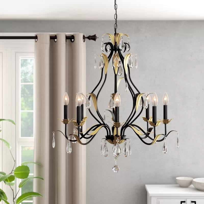 Large European-Style Iron Cascading Candle and Crystal Pendant for Living / Dining Room