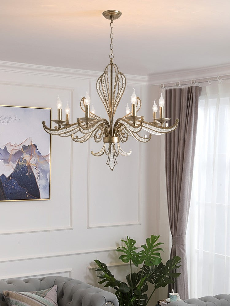Vintage Silver Finish Crystal and Iron Candle Chandelier for Living Room and Dining Room