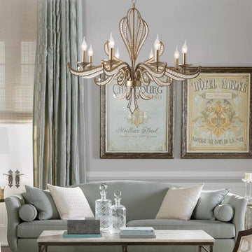 Vintage Silver Finish Crystal and Iron Candle Chandelier for Living Room and Dining Room
