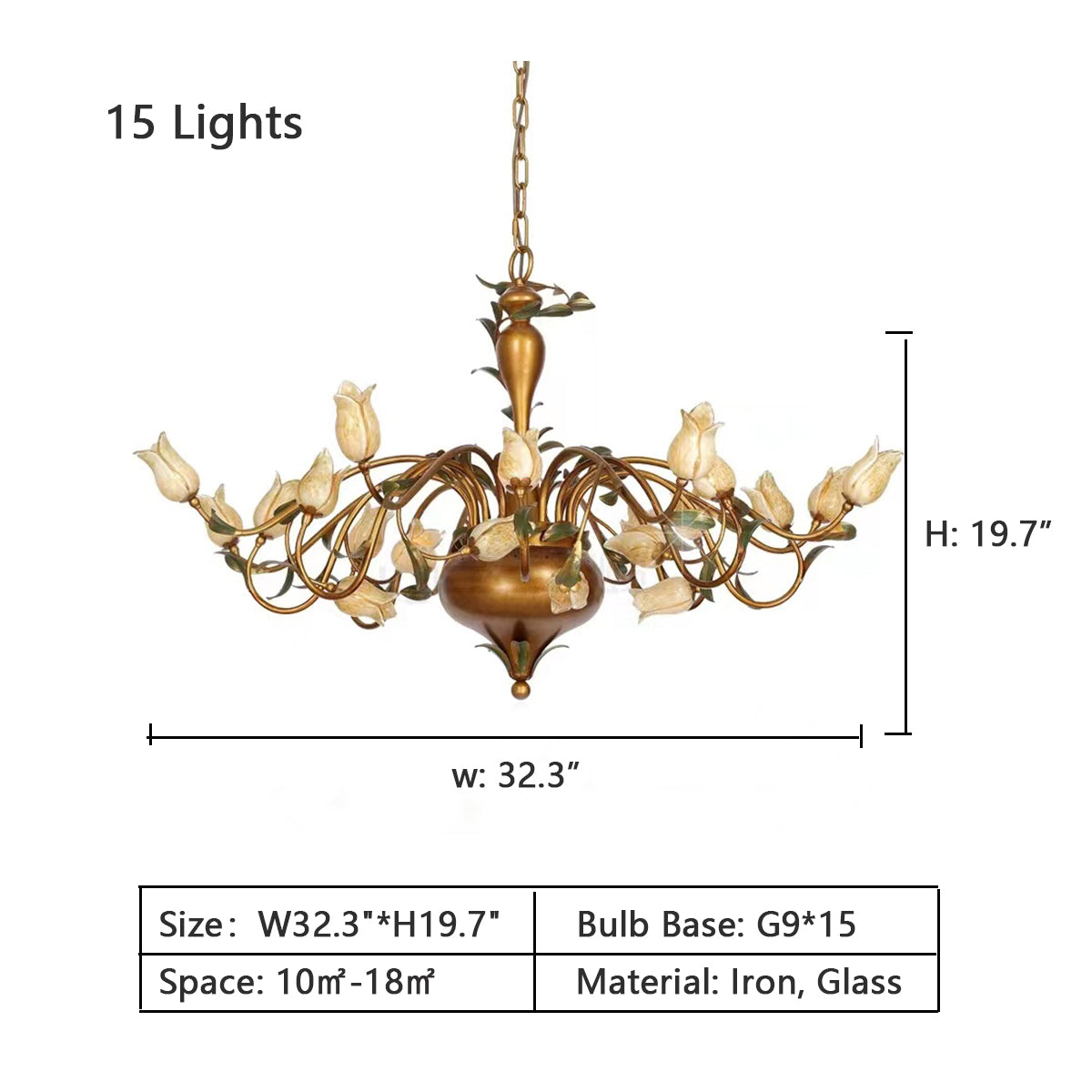 Vintage European Country Style Tulip Flower Chandelier with Brass Finish Wrought Iron Frame for Dining and