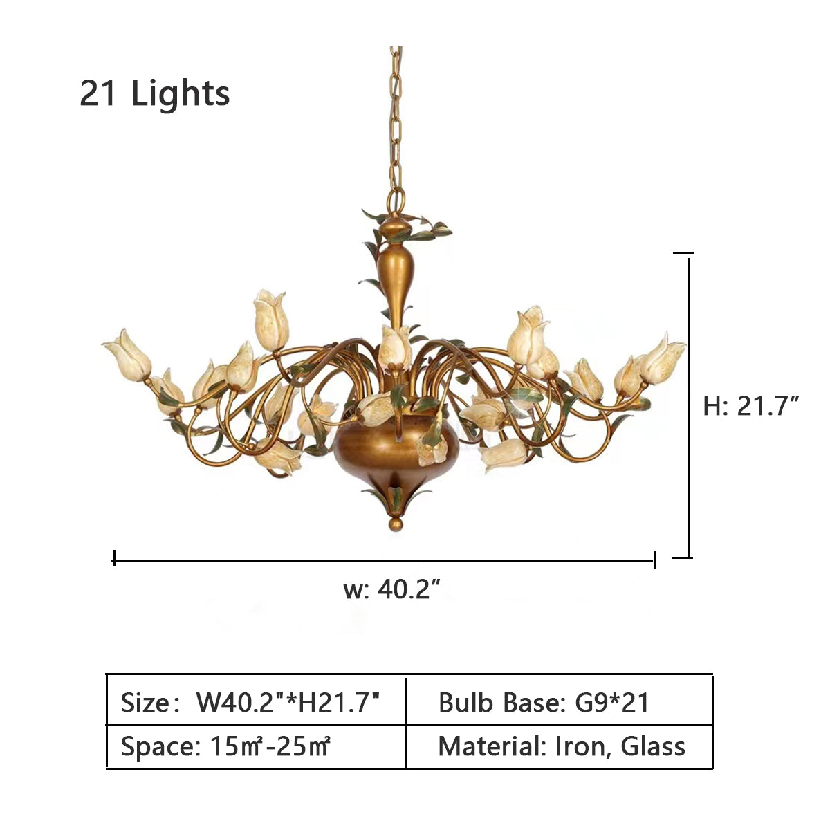 Vintage European Country Style Tulip Flower Chandelier with Brass Finish Wrought Iron Frame for Dining and
