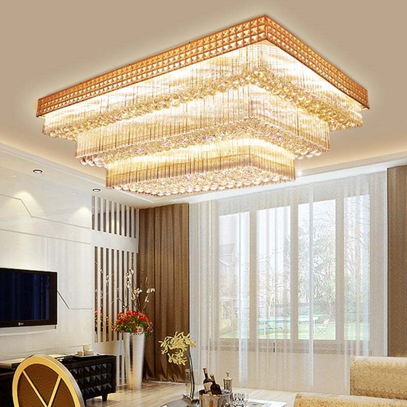 Extra Large Three Layers Rectangular Luxury Flush Mounted Crystal Chandelier for Living Room