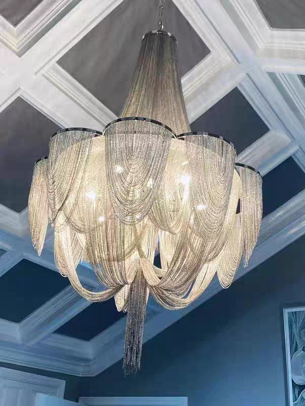 Designer Models Oversized Aluminium and Stainless Steel Long Tassel Pendant Chandelier with Multi-Crafted
