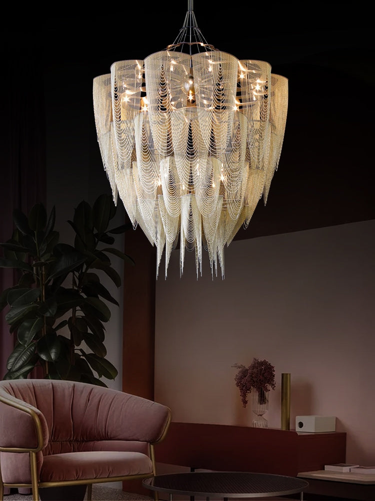 Oversized Modern Aluminium Chain Tassel Pendant Chandelier with Multi-Crafted Finish for Large Living Room