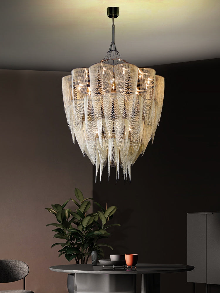 Oversized Modern Aluminium Chain Tassel Pendant Chandelier with Multi-Crafted Finish for Large Living Room