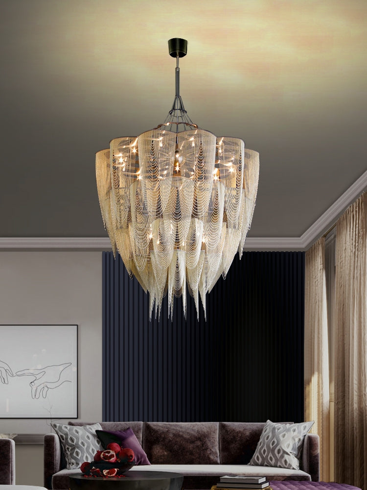 Oversized Modern Aluminium Chain Tassel Pendant Chandelier with Multi-Crafted Finish for Large Living Room