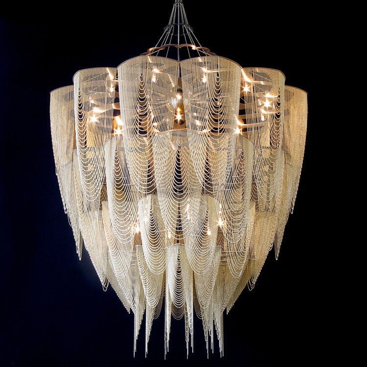 Oversized Modern Aluminium Chain Tassel Pendant Chandelier with Multi-Crafted Finish for Large Living Room