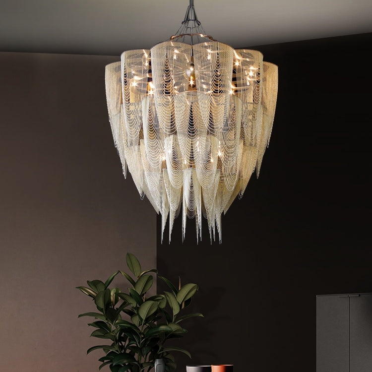 Oversized Modern Aluminium Chain Tassel Pendant Chandelier with Multi-Crafted Finish for Large Living Room