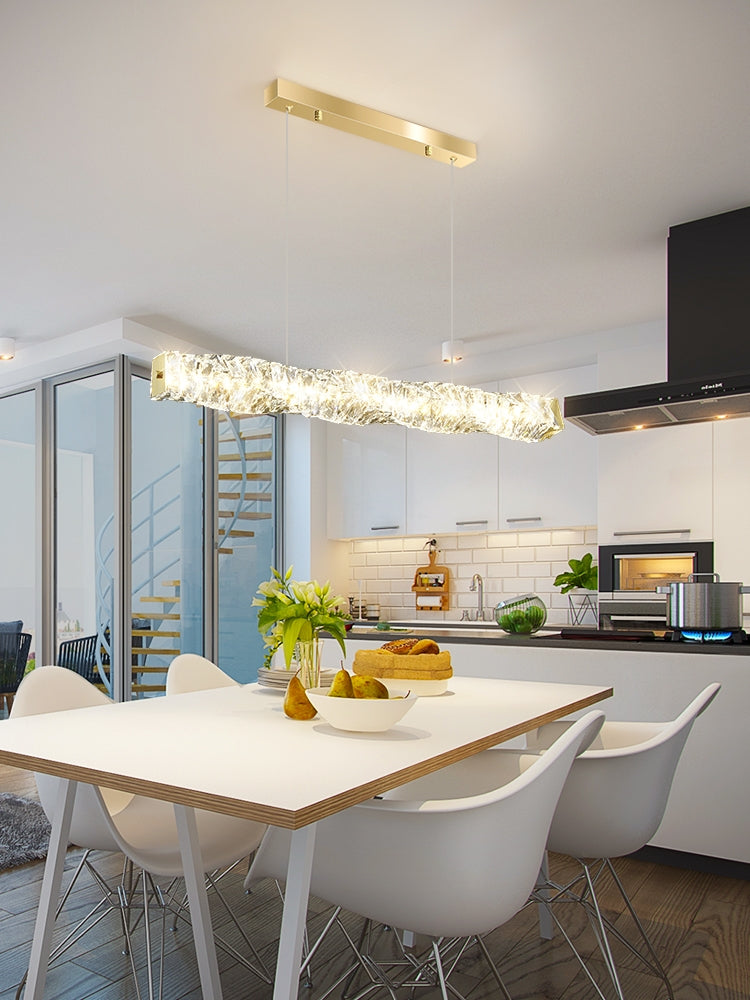 Nordic Light Luxury Rectangular Brass Pendant with K9 Crystal for Dining Room and Kitchen Island