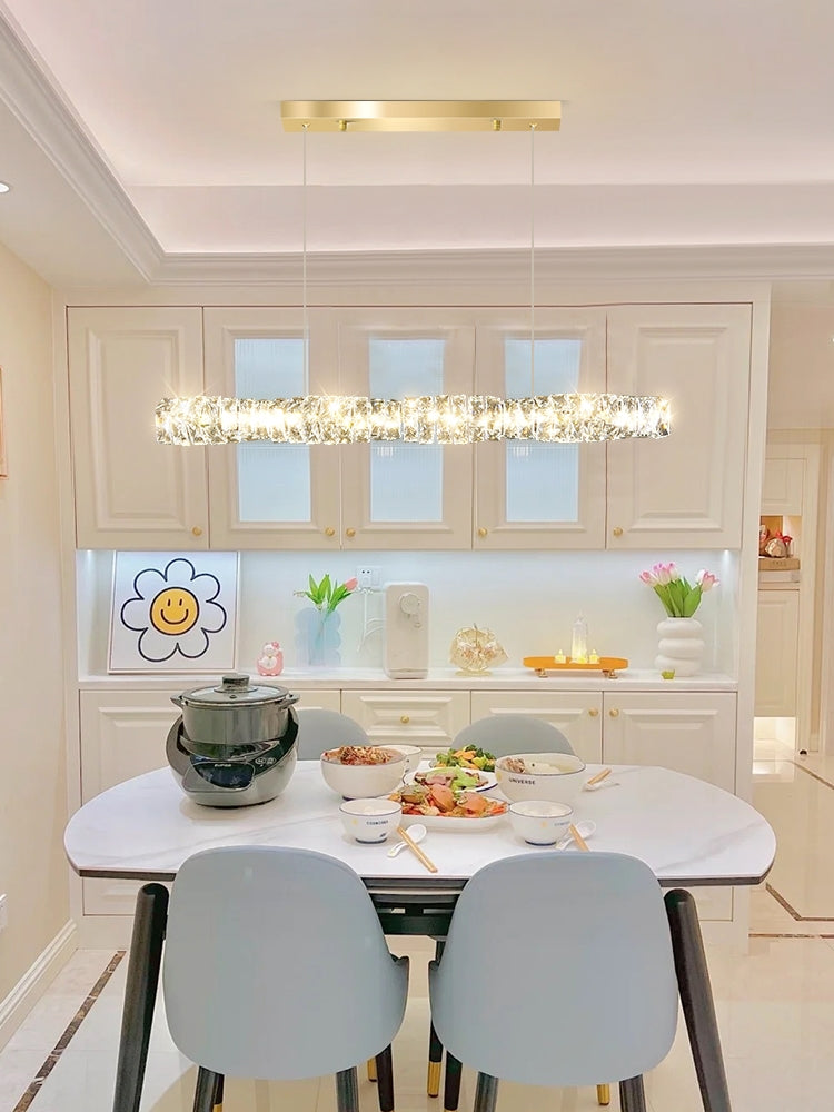 Nordic Light Luxury Rectangular Brass Pendant with K9 Crystal for Dining Room and Kitchen Island