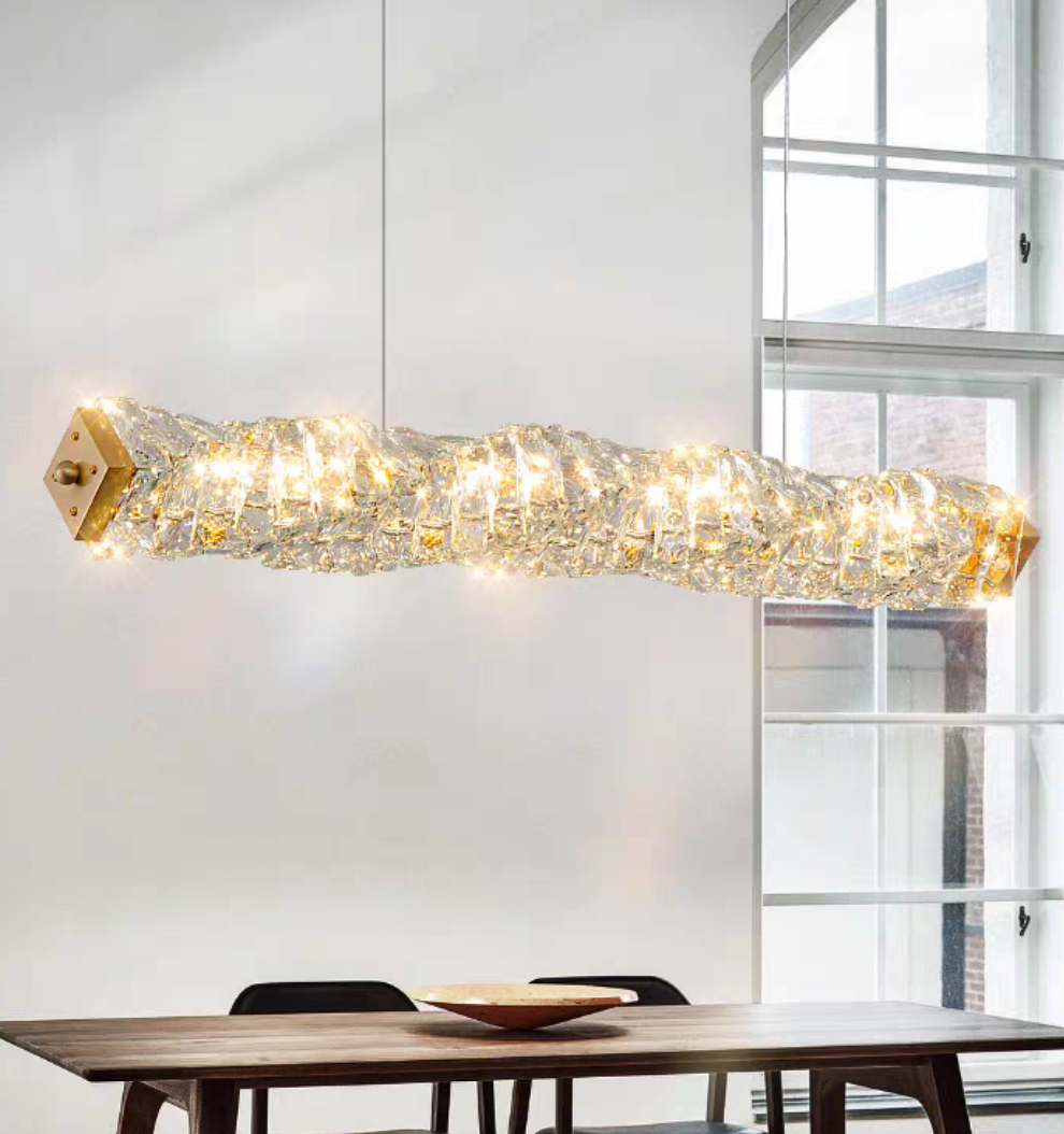 Nordic Light Luxury Rectangular Brass Pendant with K9 Crystal for Dining Room and Kitchen Island