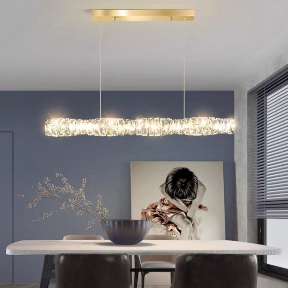 Nordic Light Luxury Rectangular Brass Pendant with K9 Crystal for Dining Room and Kitchen Island
