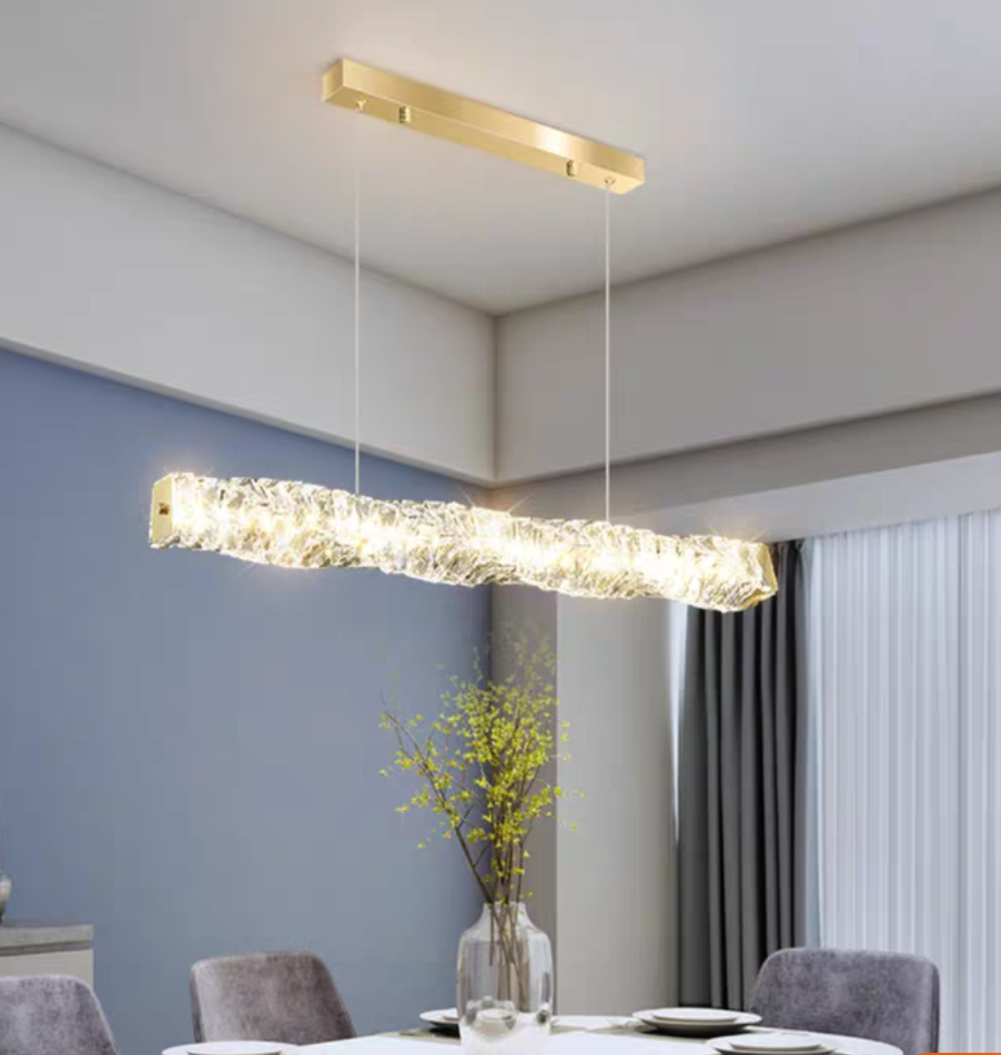 Nordic Light Luxury Rectangular Brass Pendant with K9 Crystal for Dining Room and Kitchen Island