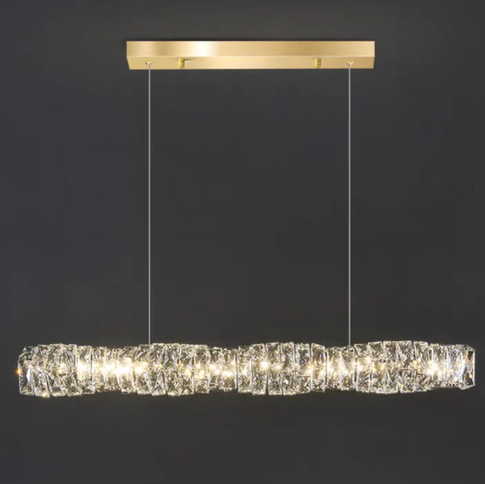 Nordic Light Luxury Rectangular Brass Pendant with K9 Crystal for Dining Room and Kitchen Island