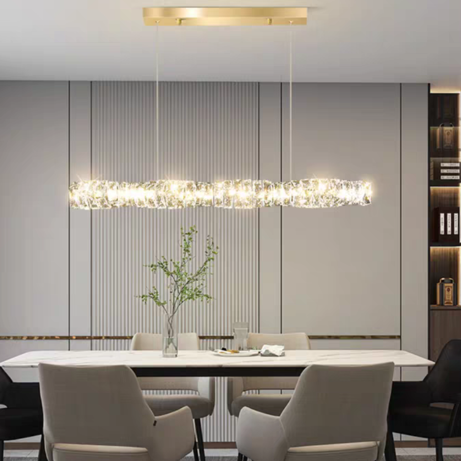 Nordic Light Luxury Rectangular Brass Pendant with K9 Crystal for Dining Room and Kitchen Island