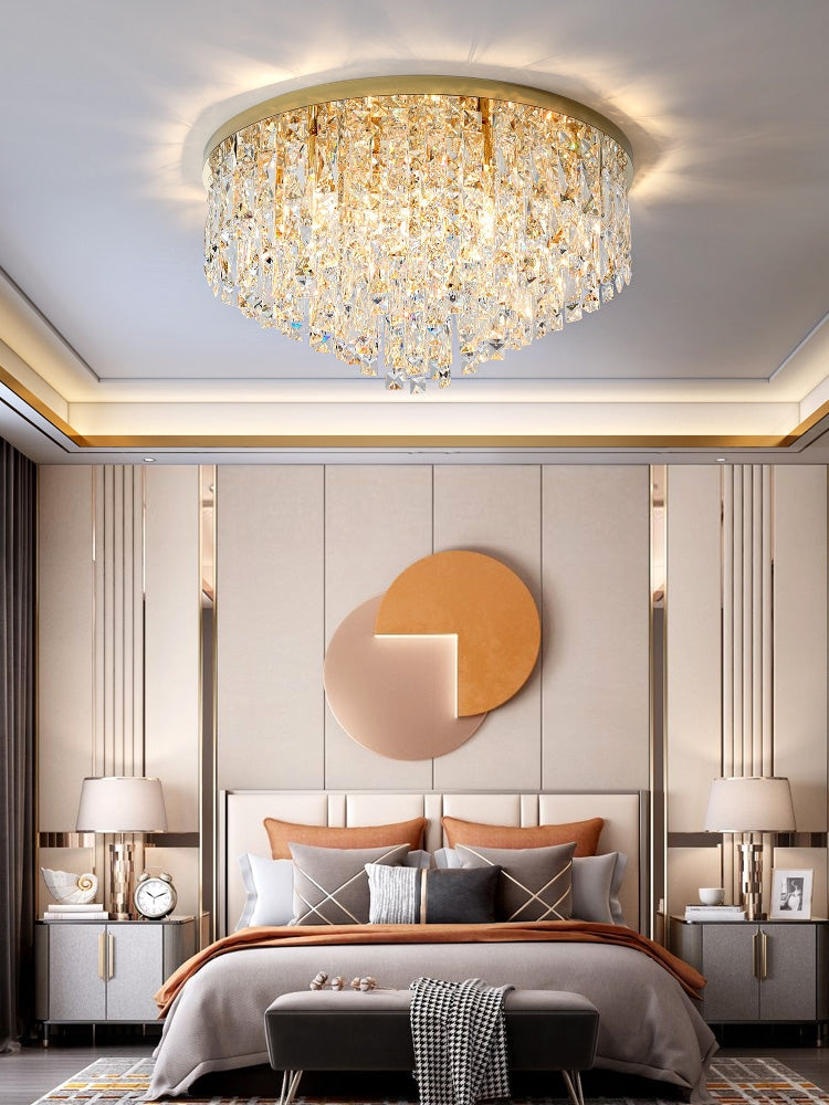 Oversize Stainless Steel Flush Mount Crystal Chandelier with Tiered Design for Living Room Bedroom