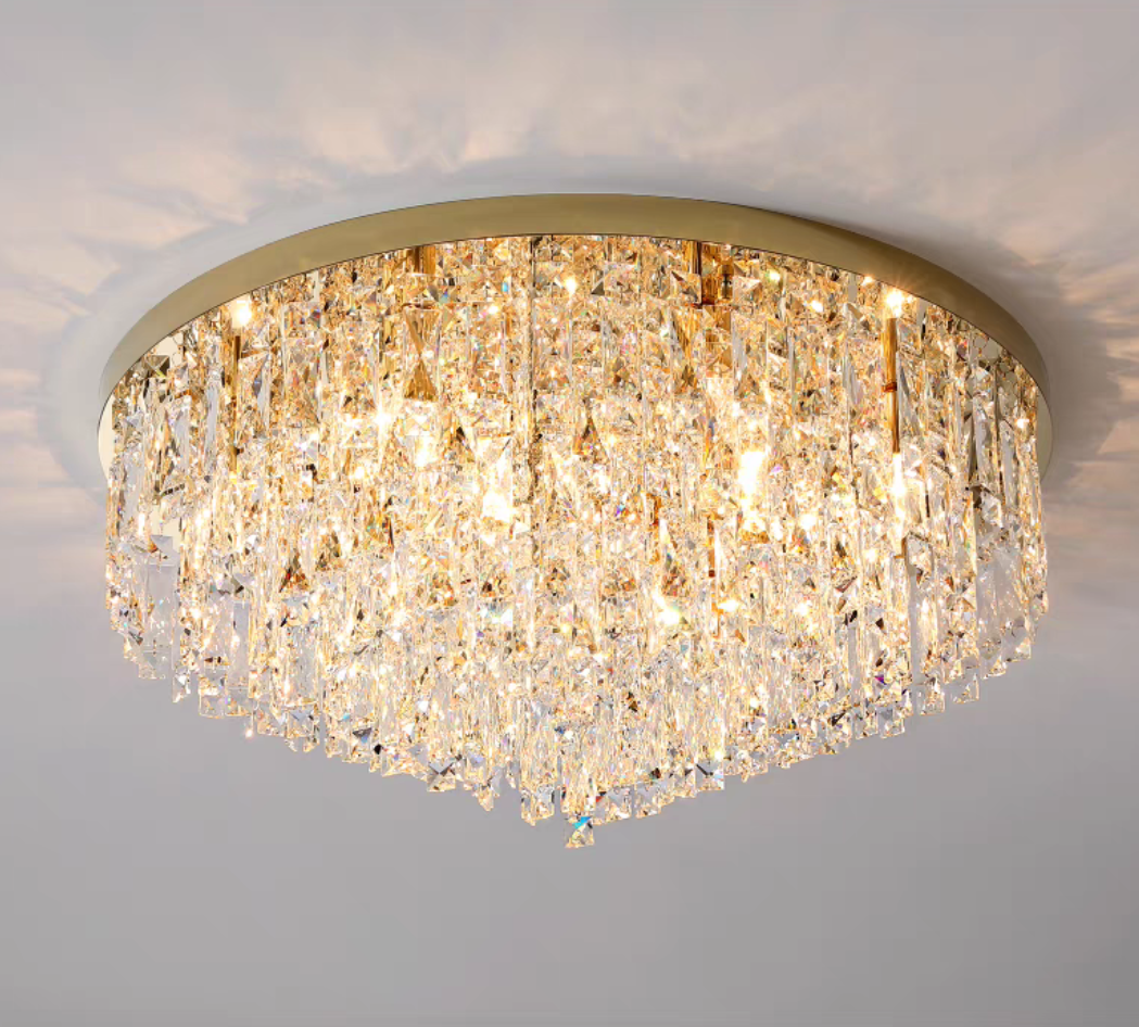 Oversize Stainless Steel Flush Mount Crystal Chandelier with Tiered Design for Living Room Bedroom