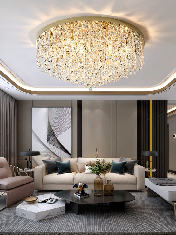 Oversize Stainless Steel Flush Mount Crystal Chandelier with Tiered Design for Living Room Bedroom