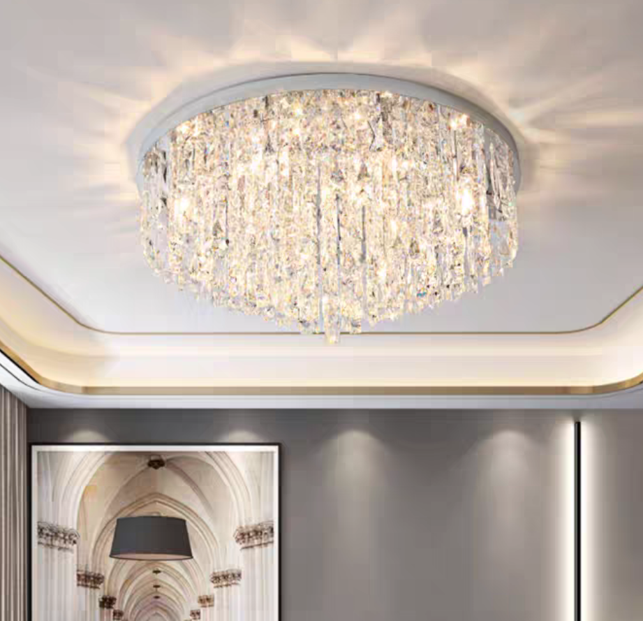 Oversize Stainless Steel Flush Mount Crystal Chandelier with Tiered Design for Living Room Bedroom
