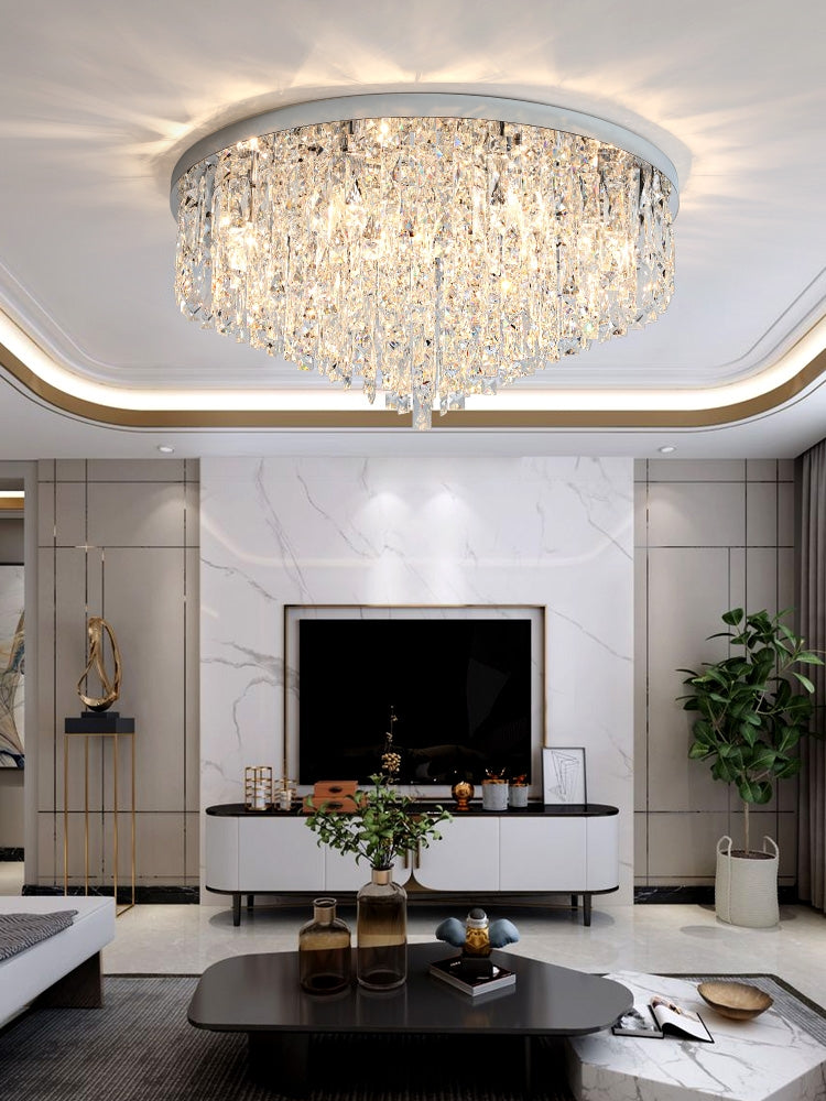 Oversize Stainless Steel Flush Mount Crystal Chandelier with Tiered Design for Living Room Bedroom