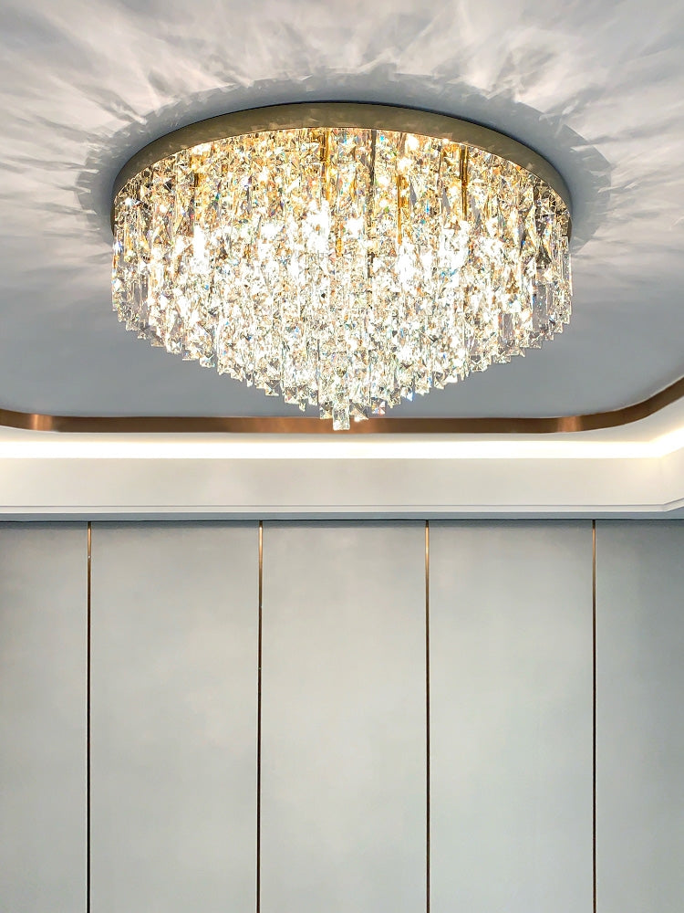 Oversize Stainless Steel Flush Mount Crystal Chandelier with Tiered Design for Living Room Bedroom