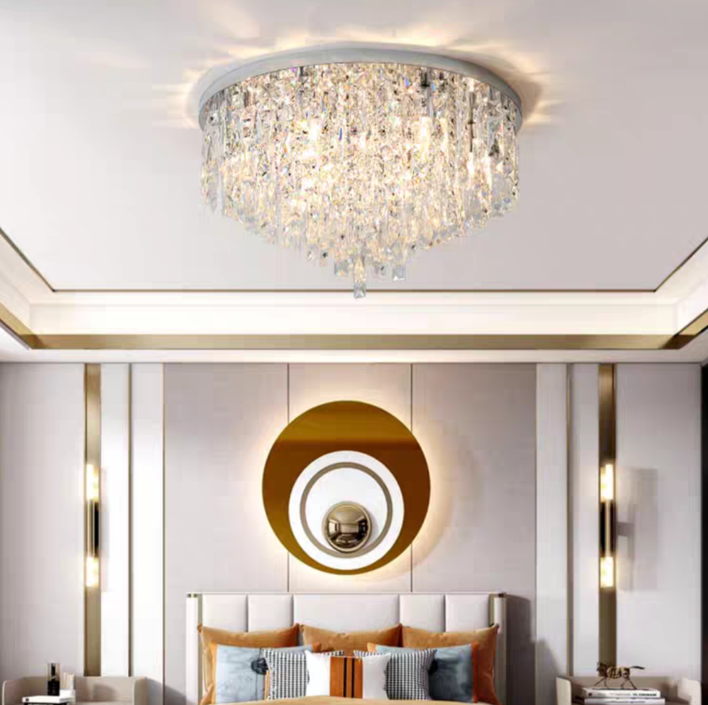 Oversize Stainless Steel Flush Mount Crystal Chandelier with Tiered Design for Living Room Bedroom