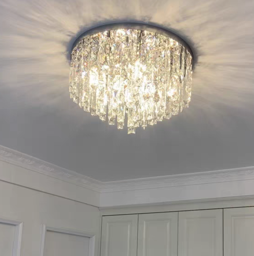 Oversize Stainless Steel Flush Mount Crystal Chandelier with Tiered Design for Living Room Bedroom