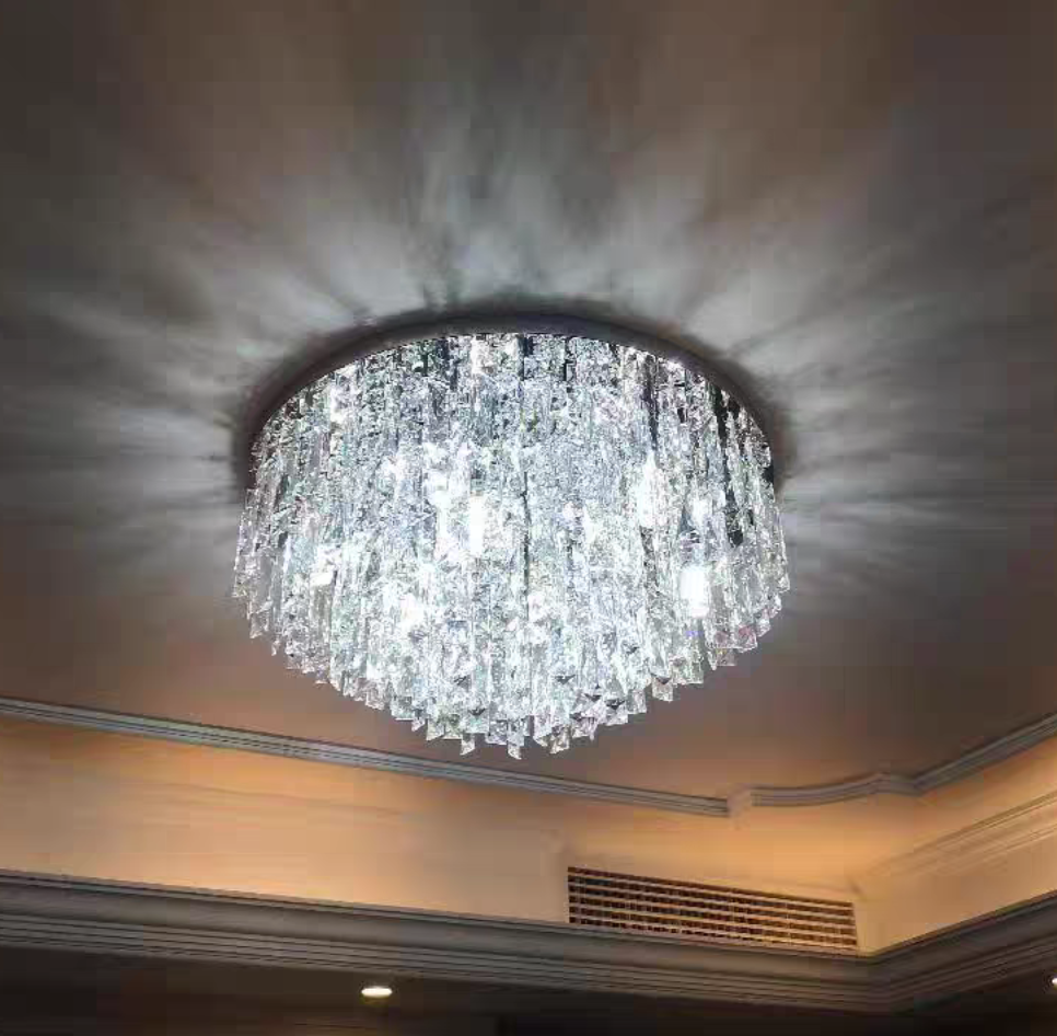 Oversize Stainless Steel Flush Mount Crystal Chandelier with Tiered Design for Living Room Bedroom