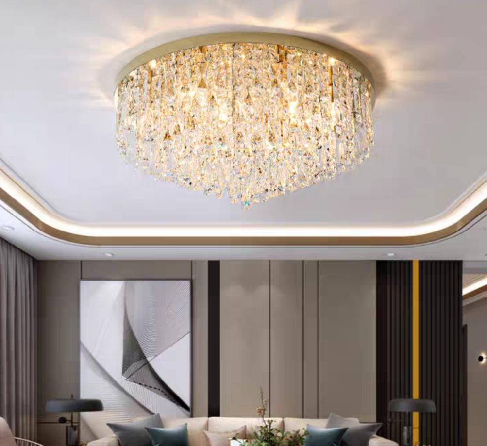 Oversize Stainless Steel Flush Mount Crystal Chandelier with Tiered Design for Living Room Bedroom