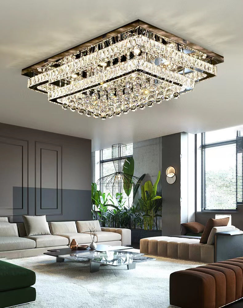 Extra Large Two Layers Rectangle Crystal Flush Mount Chandelier for Living Room / bedroom