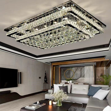 Extra Large Two Layers Rectangle Crystal Flush Mount Chandelier for Living Room / bedroom