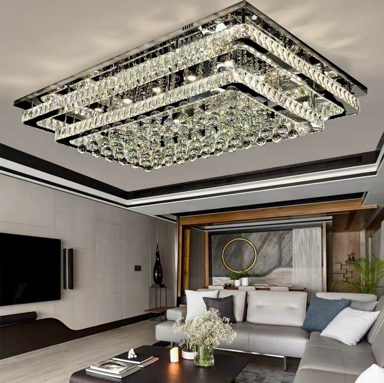 Extra Large Two Layers Rectangle Crystal Flush Mount Chandelier for Living Room / bedroom