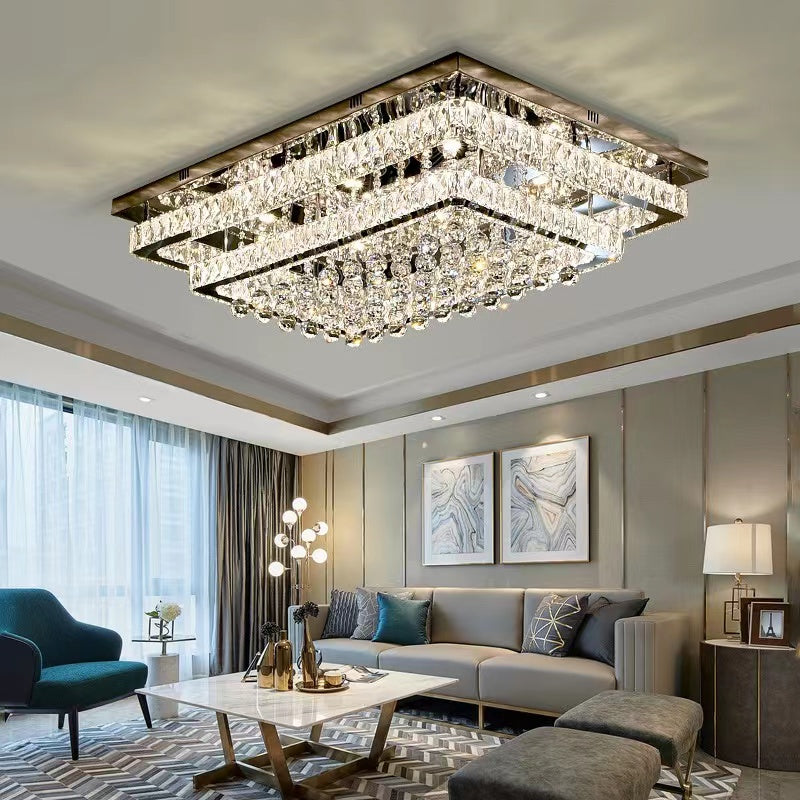 Extra Large Two Layers Rectangle Crystal Flush Mount Chandelier for Living Room / bedroom