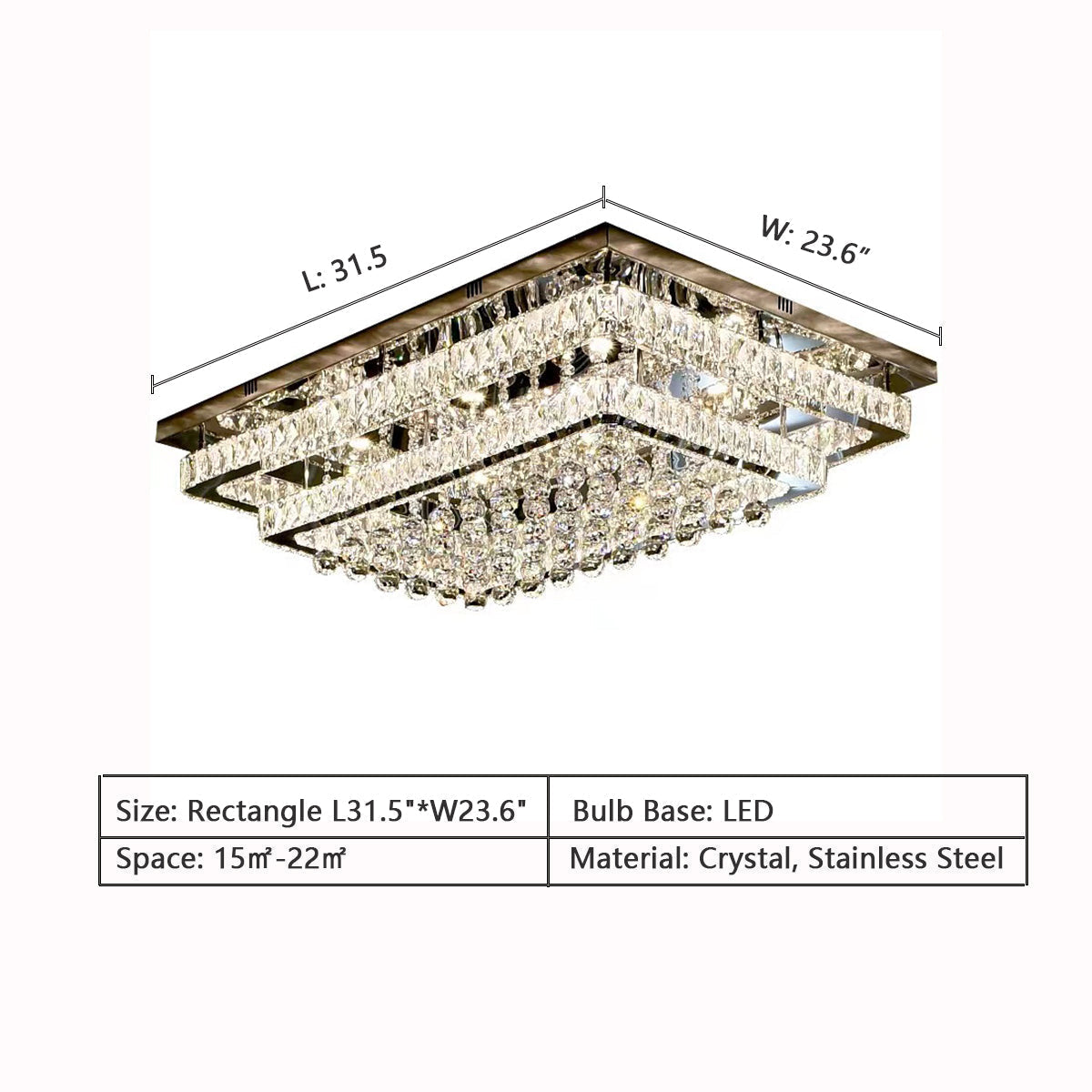 Extra Large Two Layers Rectangle Crystal Flush Mount Chandelier for Living Room / bedroom