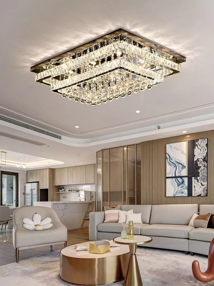 Extra Large Two Layers Rectangle Crystal Flush Mount Chandelier for Living Room / bedroom