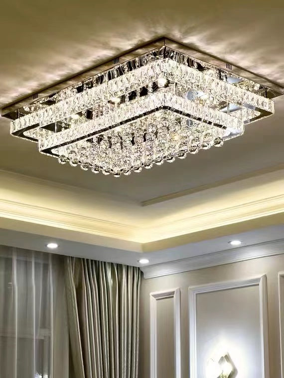 Extra Large Two Layers Rectangle Crystal Flush Mount Chandelier for Living Room / bedroom