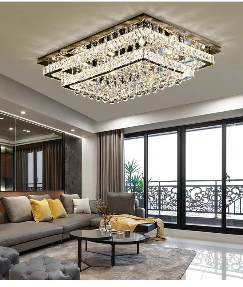 Extra Large Two Layers Rectangle Crystal Flush Mount Chandelier for Living Room / bedroom