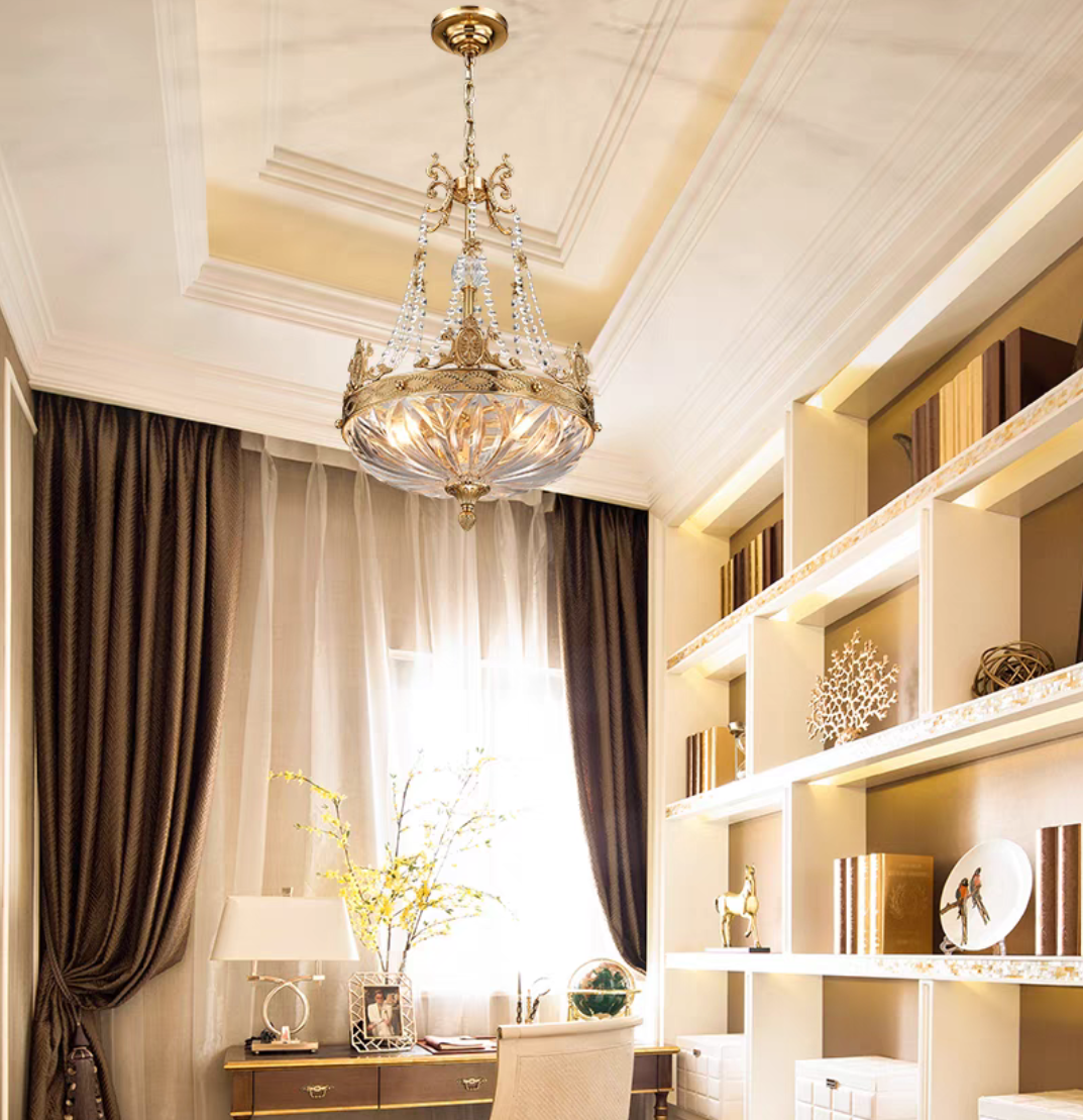 European Style Brass and Crystal Candle Chandelier with Glass Shade for Living Room Foyer Hallway