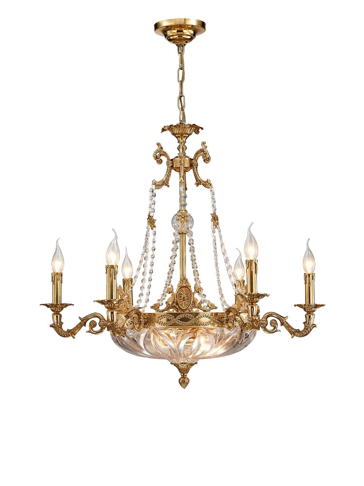 European Style Brass and Crystal Candle Chandelier with Glass Shade for Living Room Foyer Hallway