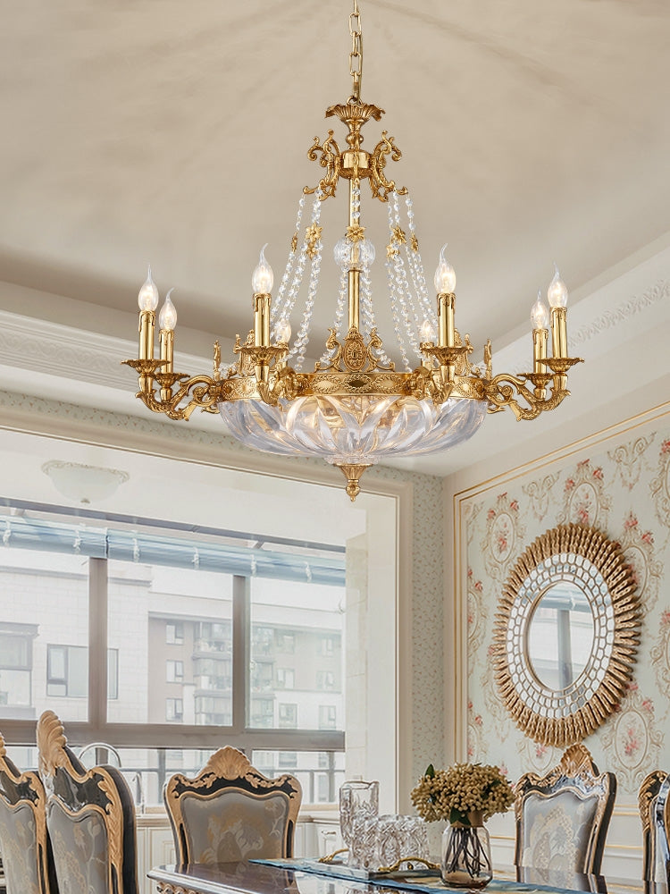 European Style Brass and Crystal Candle Chandelier with Glass Shade for Living Room Foyer Hallway