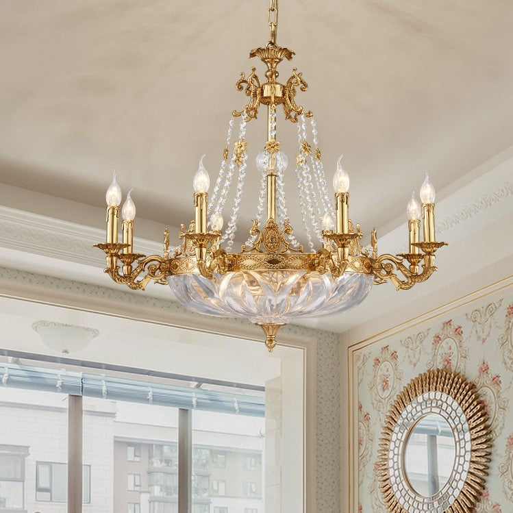 European Style Brass and Crystal Candle Chandelier with Glass Shade for Living Room Foyer Hallway