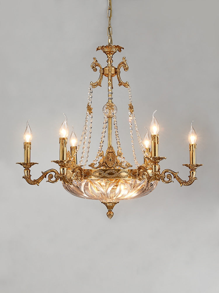 European Style Brass and Crystal Candle Chandelier with Glass Shade for Living Room Foyer Hallway