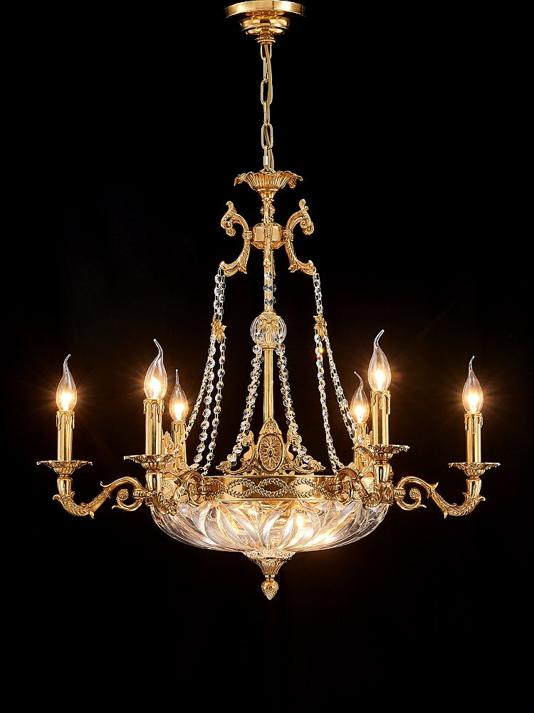 European Style Brass and Crystal Candle Chandelier with Glass Shade for Living Room Foyer Hallway