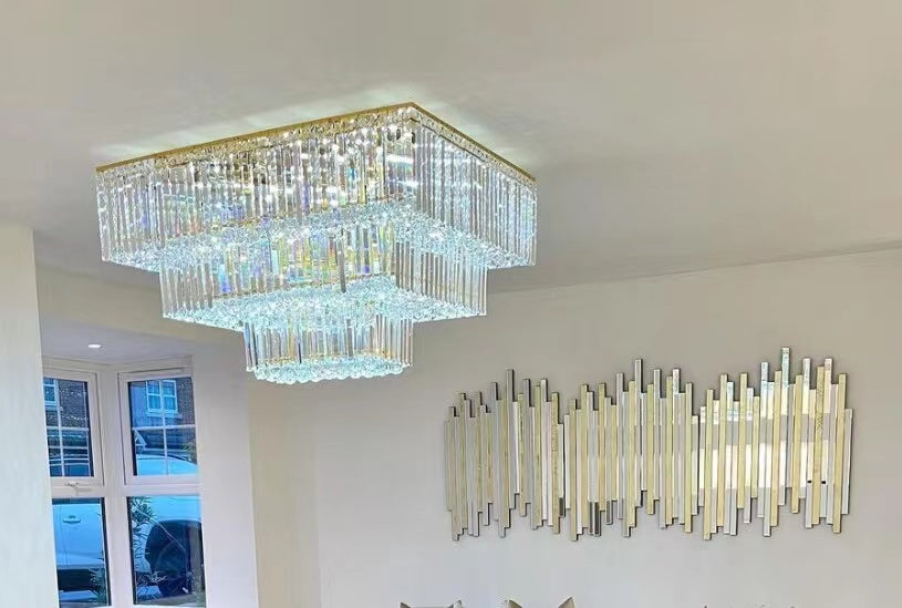 Square Crystal Ceiling Crystal Chandelier Light Three Layers
