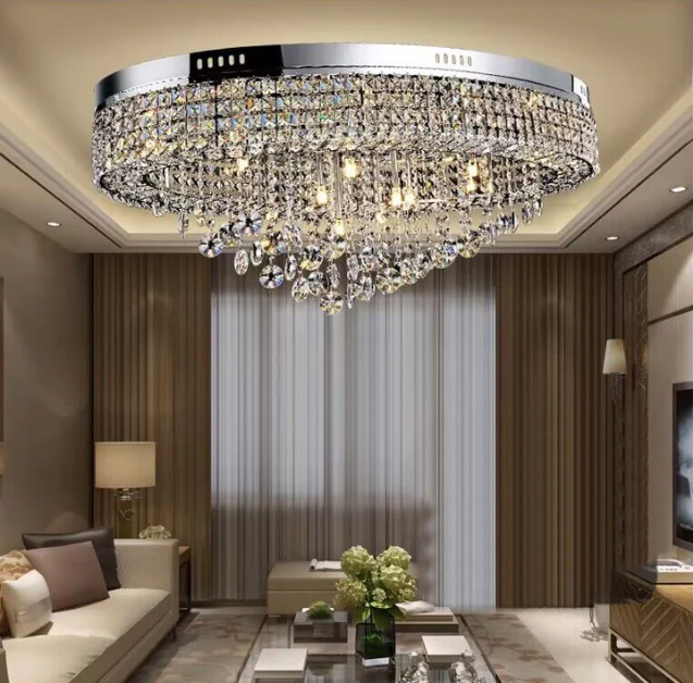 Modern Oversized Flush Mount Oval Crystal Pendant Chandelier for Living Room / dining Table Light