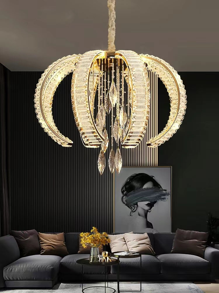 Luxury K9 Crystal Pendant Chandelier with Curved Vacuum Plating Finish, Unique Lantern Shape for Living Dining