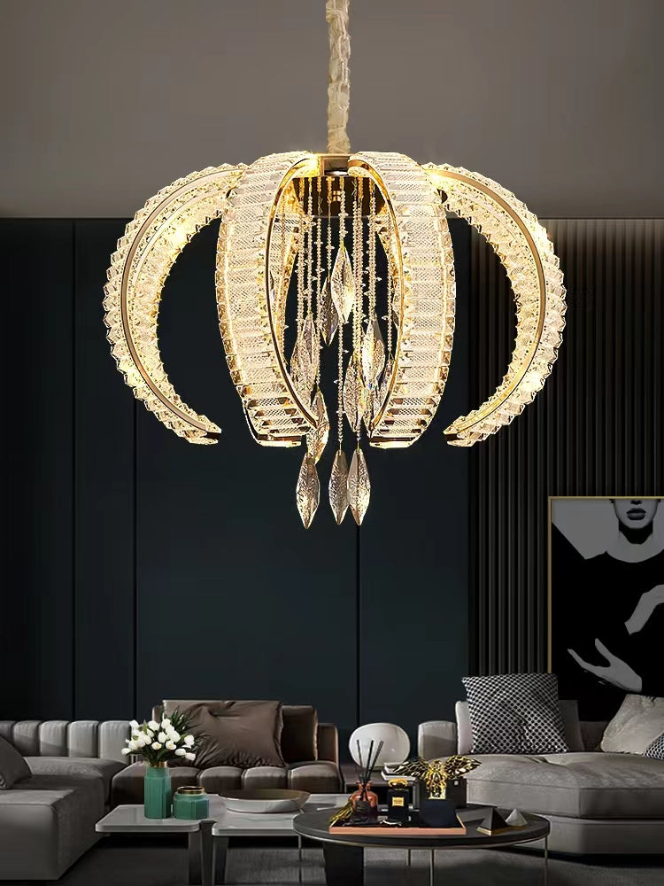 Luxury K9 Crystal Pendant Chandelier with Curved Vacuum Plating Finish, Unique Lantern Shape for Living Dining