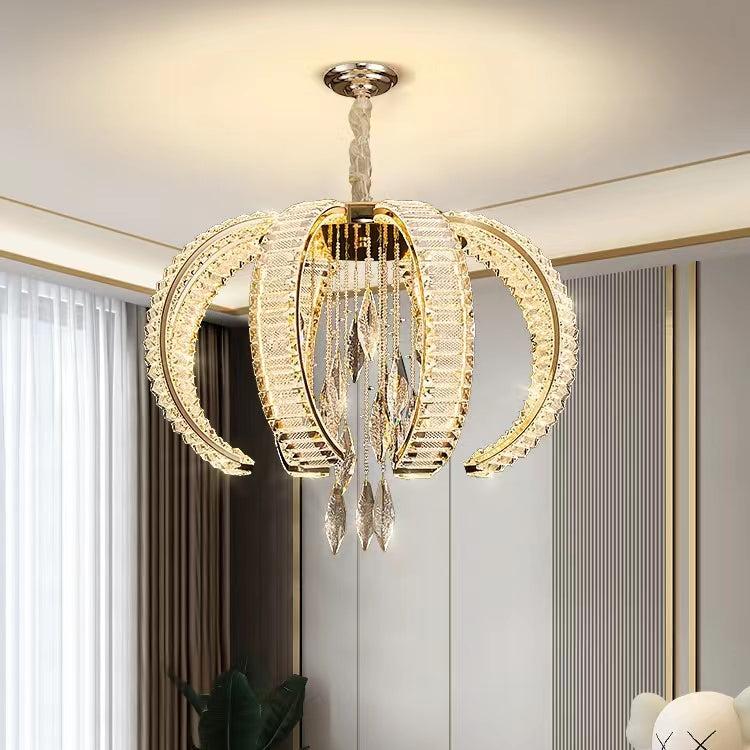Luxury K9 Crystal Pendant Chandelier with Curved Vacuum Plating Finish, Unique Lantern Shape for Living Dining