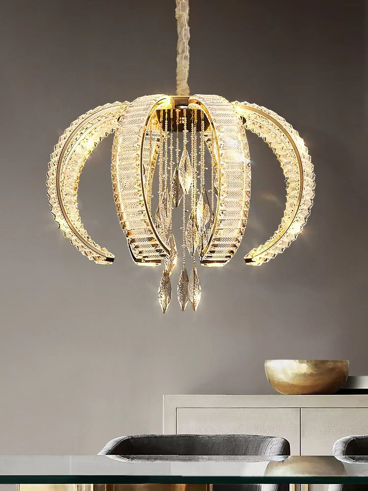 Luxury K9 Crystal Pendant Chandelier with Curved Vacuum Plating Finish, Unique Lantern Shape for Living Dining