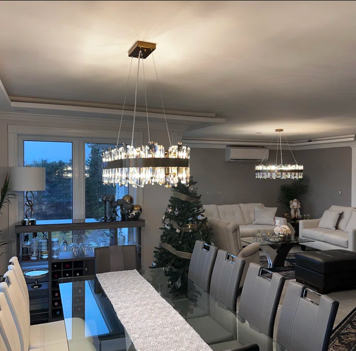 Luxury Round Crystal Chandelier with Stainless Steel Finish Modern Ceiling Light for Living and Dining Room